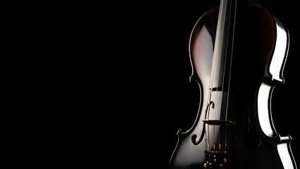 A black violin silhouetted against a dark background, illuminated by warm sidelight that highlights its elegant curves. This close-up captures the artistry and emotion of the instrument.