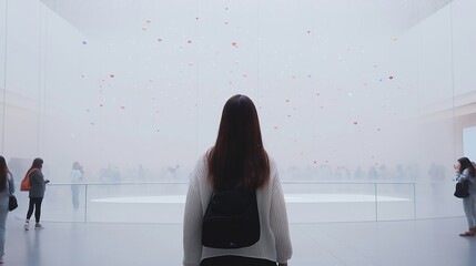 Woman observing colorful suspended objects in immersive exhibit. A reflective moment in modern art...