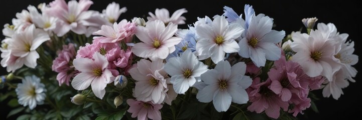 Stunning cluster of white, pink, and blue flowers set against a black backdrop, dark, contrast, stunning