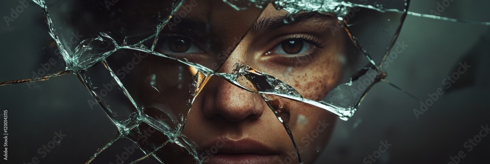 Poster shattered glass reflects fragmented features of a persons face in a dramatic and thought provoking c