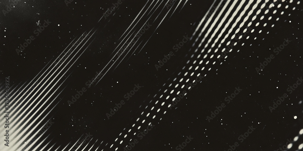 Poster Grunge halftone texture with linear patterns and dot formations on dark background