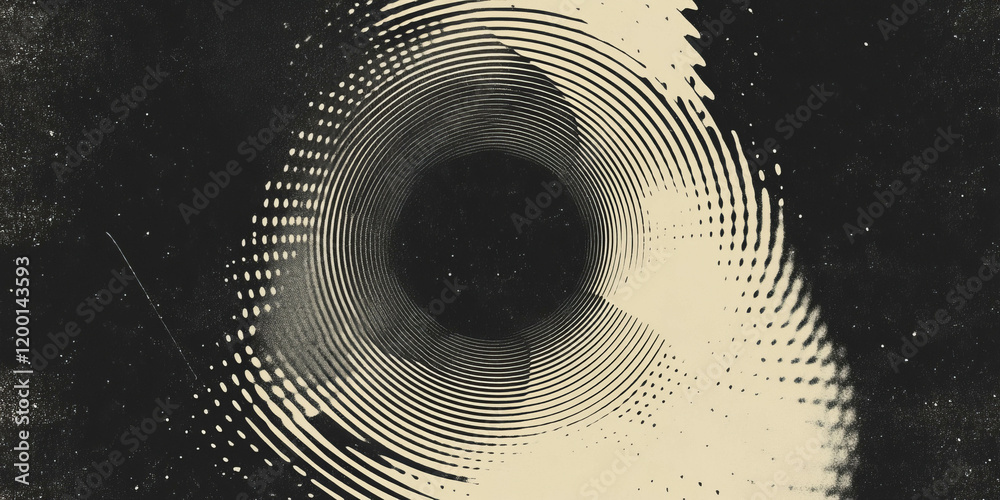 Poster Grunge halftone texture featuring circular patterns on black backdrop in geometric design
