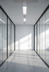Obraz premium Modern Office Corridor With Glass Partitions And Sunlight