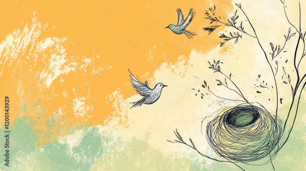 Poster birds flying near a nest with vibrant abstract background reflecting a sunny day. generative ai