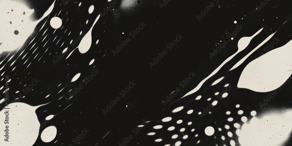 Poster Grunge halftone texture with ink splatters on a dark background creating an artistic effect