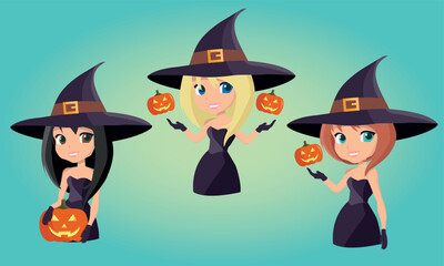 A flat design illustration featuring three witches in black dresses and hats. Each is holding glowing carved pumpkins against a gradient background. Vector illustration