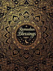 Obraz premium Elegant Golden Mandala Ramadan Blessings Festive Design Black Background Intricate Pattern Luxury Islamic Art Decorative Ornament Spiritual 