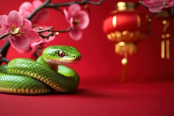Fototapeta premium Cute green snake, Chinese new year celebration, orchid flower, red china lantern, red background.