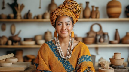 A smiling woman in traditional attire and accessories poses against a backdrop of handcrafted pottery, celebrating cultural diversity