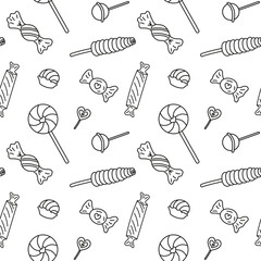 Sweets different candies doodle Seamless pattern with caramel on stick, wrapped candies, lollipop. Vector patterns endless. Black line sample pattern for wallpaper, fabric, packaging, background.