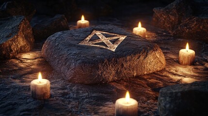 Highquality 3D Kenaz rune image with candles minimalistic style