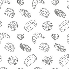 Sweets doodle Seamless pattern with bun, cake, croissant, chocolate heart, bread. Vector patterns endless. Black line sample pattern for wallpaper, fabric, packaging, background.