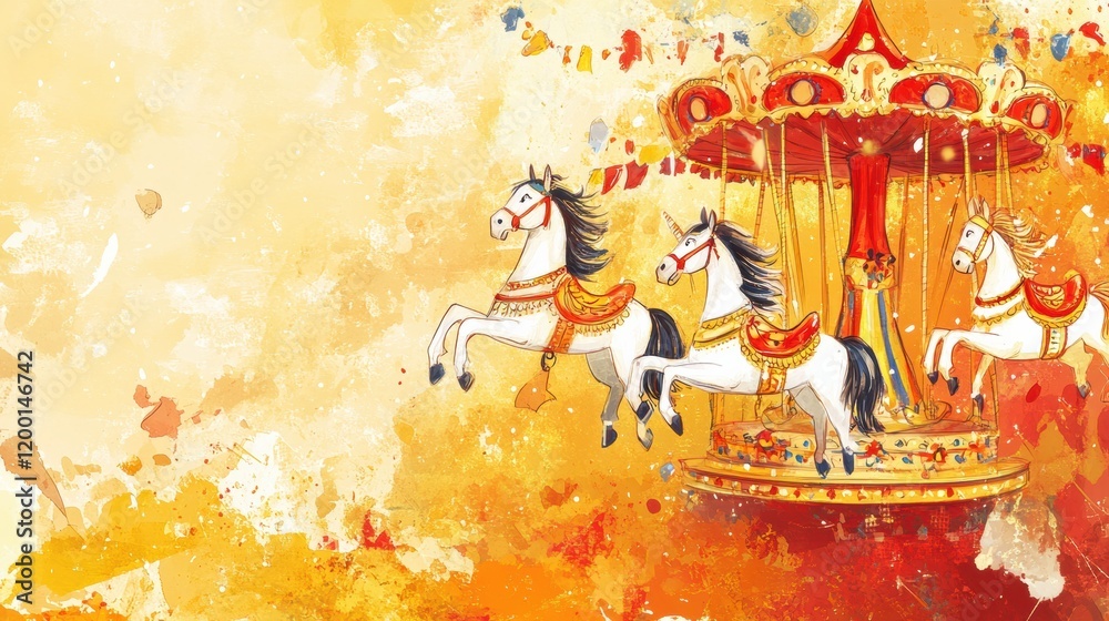 Poster colorful carousel with galloping horses in a vibrant carnival setting during a festive atmosphere. g