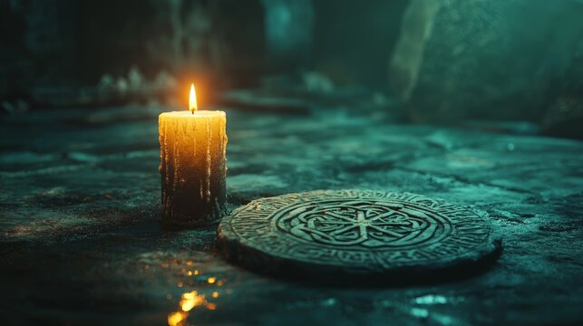 Minimalistic 3D composition featuring Dagaz rune and candlelight