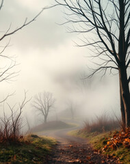 Obraz premium Misty morning walk along a quiet path bordered by bare trees and gentle hills
