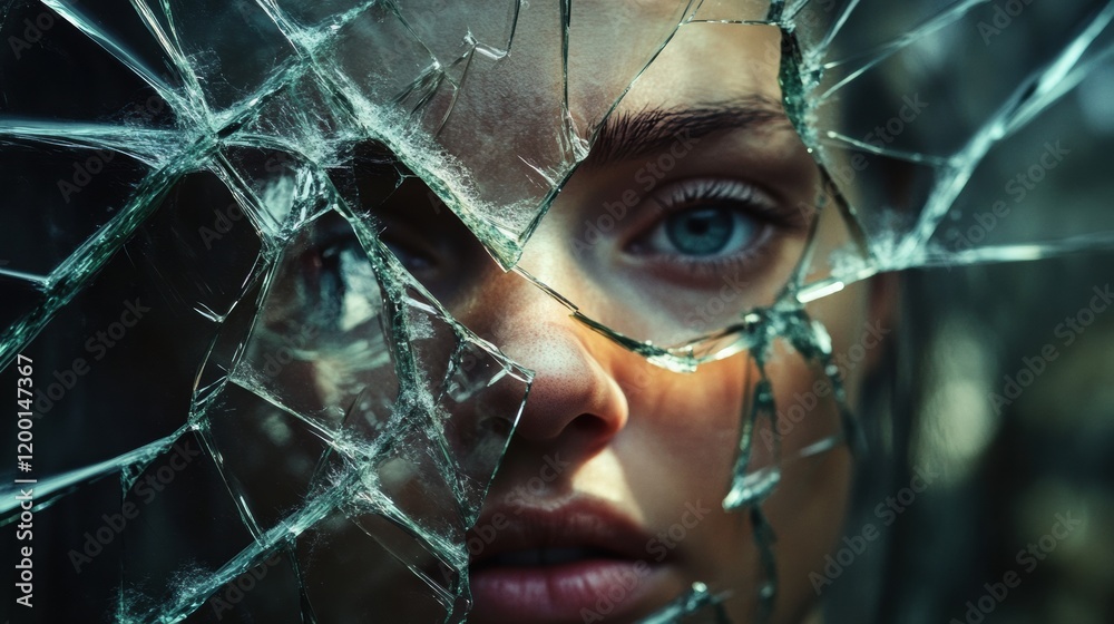 Poster shattered glass reflects a fragmented face revealing emotions and depth in a haunting moment of intr