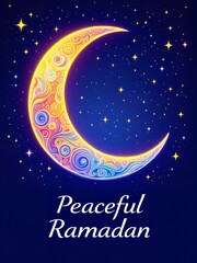Naklejka premium Ornate Colorful Crescent Moon Night Sky Peaceful Ramadan Wishes Festive Design Illustration Art Blue Card Stars Islam Muslim Vector Swirls Yellow 