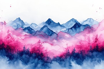 A serene watercolor landscape featuring mountains and trees in vibrant pink and blue hues.