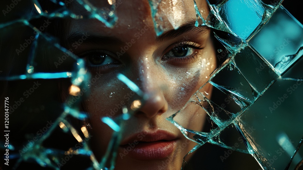 Poster shattered glass reflects fragmented face of a person in a dimly lit room showcasing deep emotions an