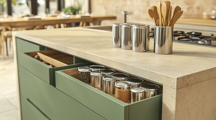A contemporary kitchen island with a forest-green drawer neatly storing spices in silver tins and wooden utensils