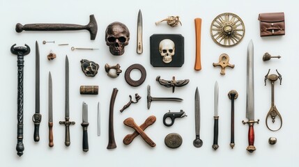 Collection of antique weaponry and artifacts arranged artistically on a light background