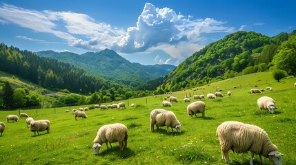 Obraz premium A flock of sheep grazing in a green pasture on a sunny day.