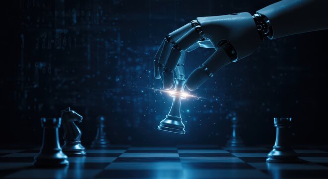 An AI hand moves a king on a chessboard, representing the connection between artificial intelligence and creativity