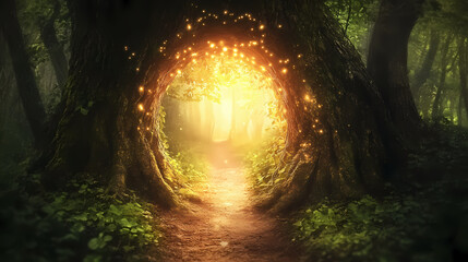 A magical tree archway in a dark forest, glowing with light, appears to be a portal to another realm. Mystic Forest Realm. Illustration