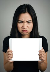 A woman showing a tablet with a white screen, looking upset.