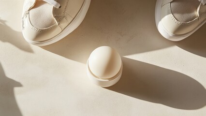 Minimalistic scene with beige sneakers and a spherical object on textured surface