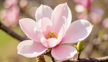 Obraz premium Magnolia tree blossom in sunlight, symbol of renewal and beauty