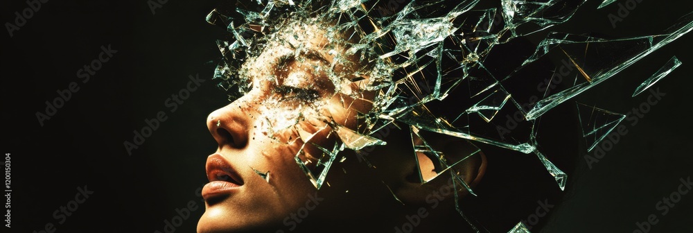 Aufkleber Fragmented reflections of a face captured through shattered glass in a dimly lit environment. Generative AI