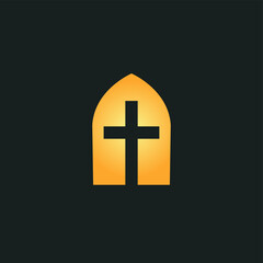 Obraz premium Glowing cross inside a golden arched window, symbolizing faith, spirituality, and devotion. Ideal for religious logos, church branding, or faith-based organizations. Minimalist vector illustration.