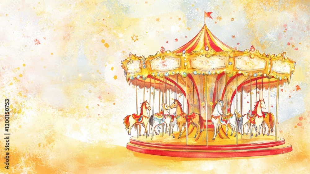 Poster colorful carousel with horses spinning joyfully at a carnival during the day. generative ai