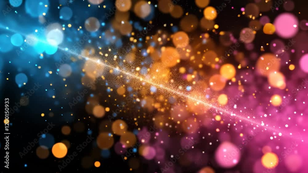 Poster colorful abstract particles create mesmerizing patterns against a dark background in slow motion, ab