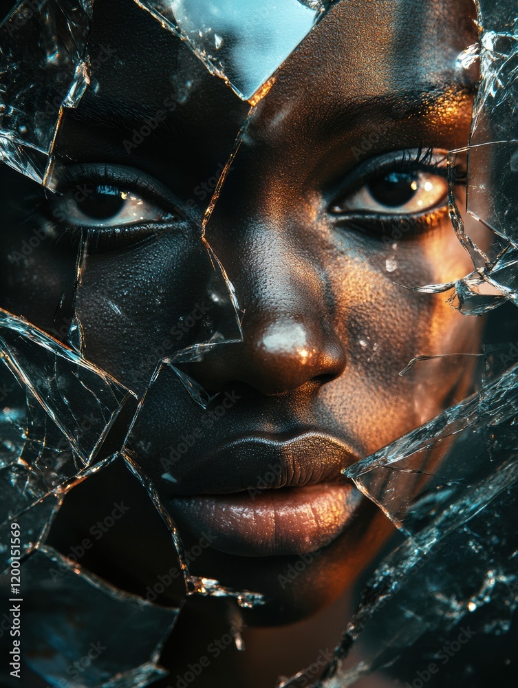 Aufkleber shattered glass reflecting fragmented parts of a persons face in an artistic composition with dramat