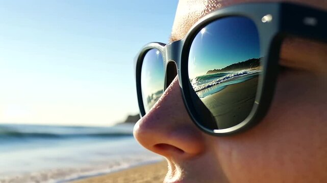 1_Surfer Sunglasses Reflecting Ocean Waves and Beach Scene