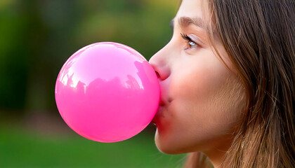 Naklejka premium Close-up of a girl blowing a large, vibrant pink bubble gum bubble outdoors. Her profile is highlighted against a blurred green background. Perfect for themes of childhood, fun, and carefree moments.