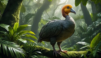 Obraz premium Majestic Extinct Bird in Lush Tropical Forest: A Serene Digital Painting