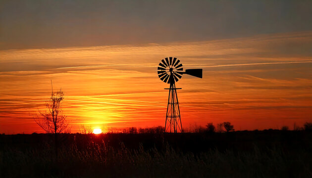 Dramatic sunset silhouette of a windmill on a rural landscape.  Perfect for projects related to nature, agriculture, energy, or nostalgic Americana themes.