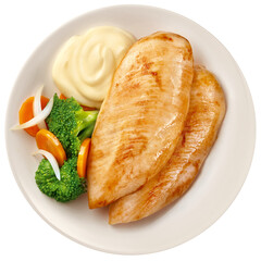 prato com filé de frango grelhado acompanhado de legumes no vapor e purê de batata isolado em fundo transparente