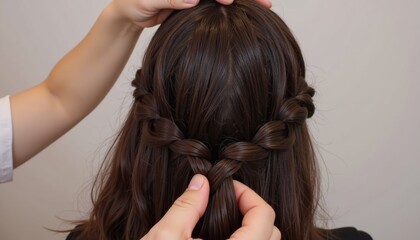 Obraz premium Hand braiding thick, long hair, focused mood, highlighting detailed braid texture and healthy hair strands