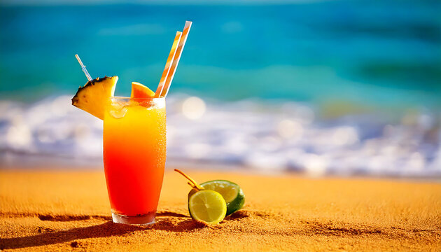A vibrant tropical cocktail garnished with pineapple and lime sits on a sunny beach, with a blurred ocean backdrop. Perfect for travel, vacation, summer, and beverage themes.