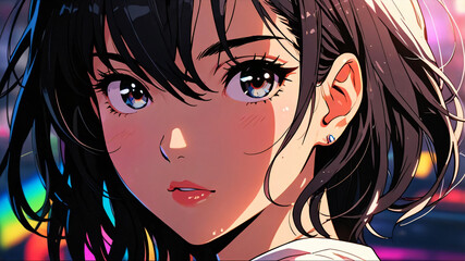 Naklejka premium Anime-Style Portrait of a Girl in Vibrant Lighting
