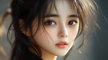 Fototapeta premium A beautiful Korean girl with flawless skin, wearing an open shirt, gazes innocently at the camera with long hair flowing, reflecting pastel sunset colors on a bridge over water in a European setting