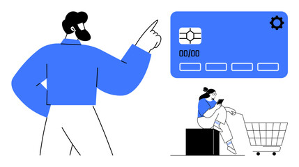 Man points at oversized credit card with gear icon while woman sits near shopping cart and box using mobile phone. Ideal for e-commerce, online payments, security, technology, consumer behavior
