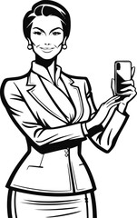 only line art in a bold line of a successful businesswoman in business clothes using a Phone with no color background 4.eps