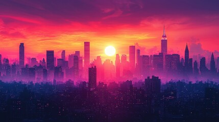 A vibrant cityscape silhouette against a breathtaking sunset. Ideal for backgrounds, wallpapers, or digital art projects.