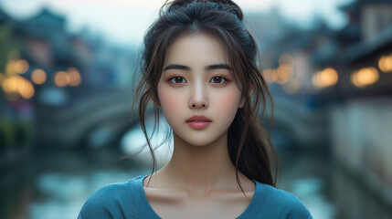 A beautiful Korean girl with flawless skin, wearing an open shirt, gazes innocently at the camera with long hair flowing, reflecting pastel sunset colors on a bridge over water in a European setting

