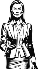 only line art in a bold line of a successful businesswoman in business clothes using a Phone with no color background 10.eps